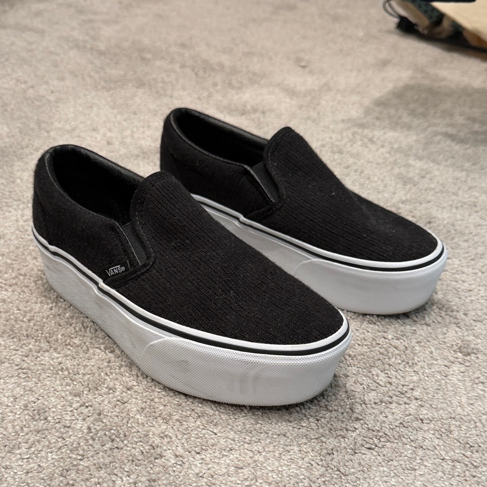 Vans Black Corduroy Slip-On Platform Sneakers with White Soles